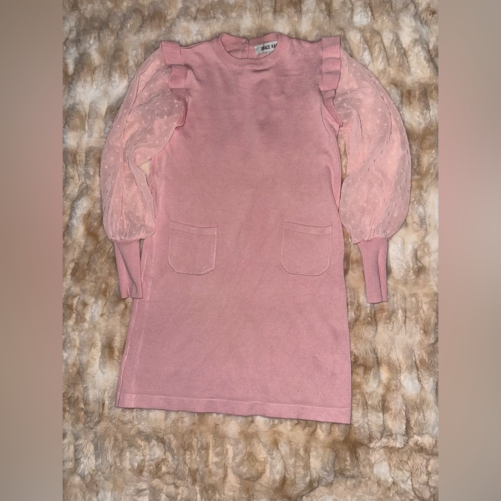 Girls Dusty Pink Knit Dress with Sheer Dot Balloon Sleeves